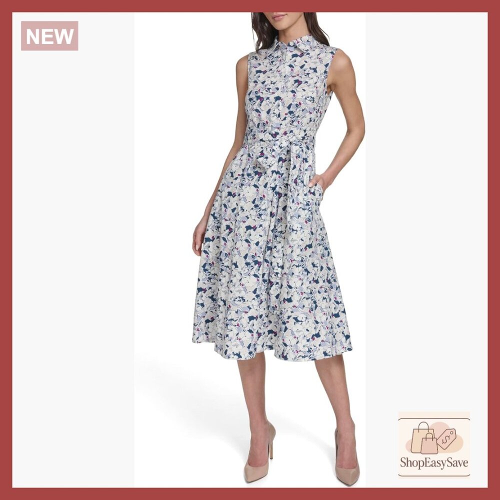 Sleeveless Collar Neck Cotton Self Tie A-Line Midi Dress Elegant Minimal Chic